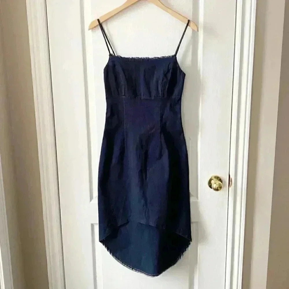 Le Chateau Dark Blue Denim Slip Dress Bodycon Stretch High Low Size Small - Picture 4 of 16